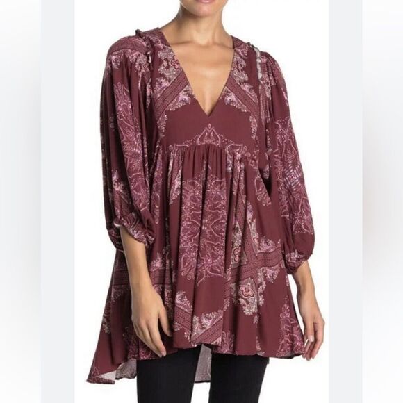 Free People Sz Sm Maroon Floral Girl Talk Printed Oversized Tunic Top Blouse - Picture 2 of 8
